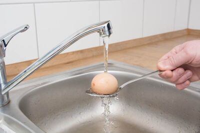 Hand hält Ei unter Wasserhahn (Wasser durch Blitz optisch eingefroren).