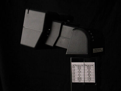ein Blitzgerät mit aufgeklebter Leitzahl-Tabelle